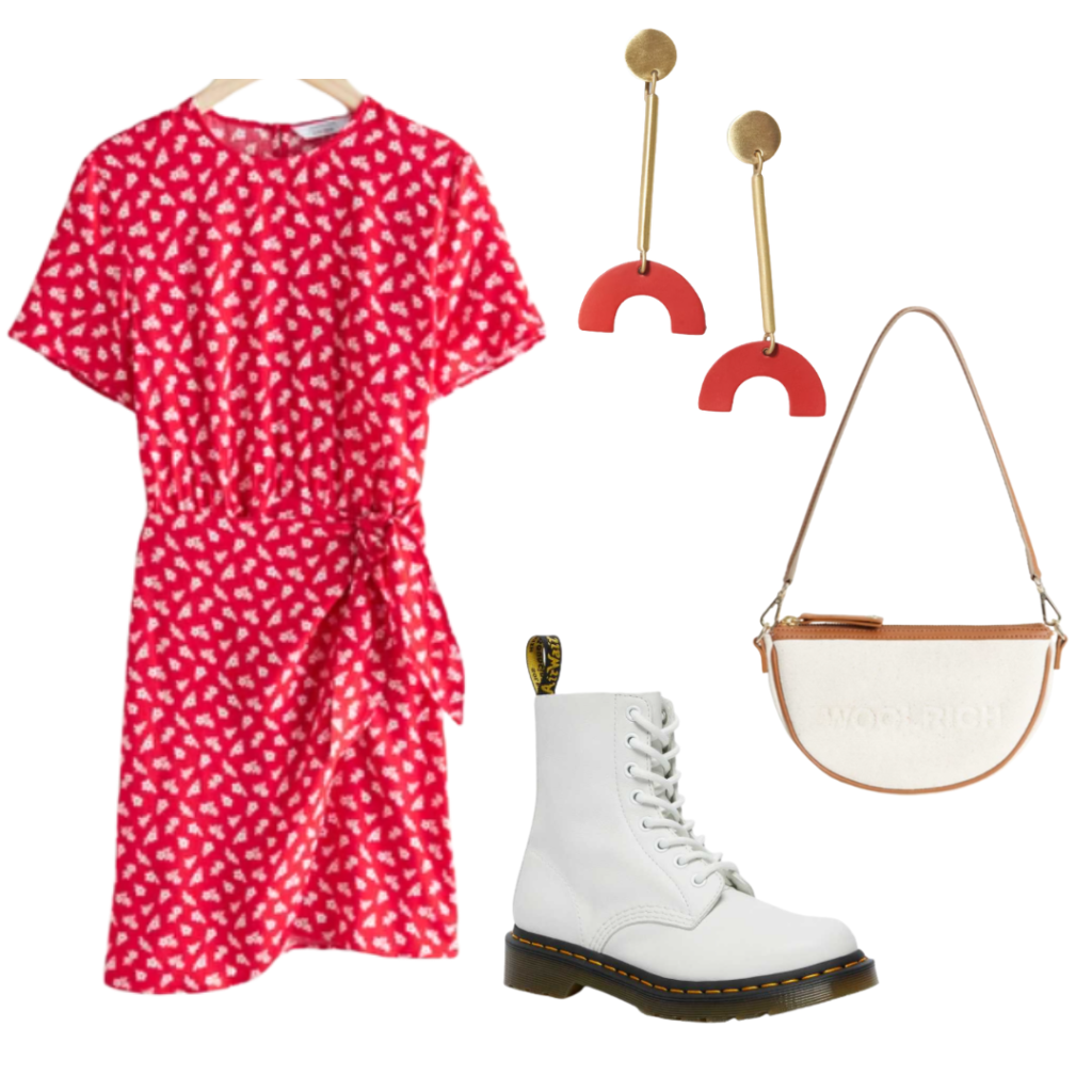 How to style combat boots with a short dress: Outfit with red and white printed dress, white combat boots, gold earrings with red, cream purse
