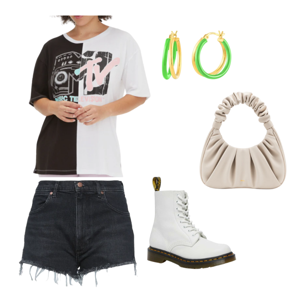 How to style combat boots with black denim shorts, oversized graphic t-shirt, layered gold and green earrings, cream mini purse