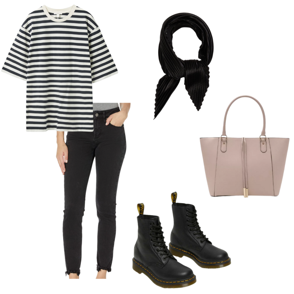 How to style combat boots and skinny jeans: Outfit with black skinny jeans, striped tee, black combat boots, black scarf, blush pink bag