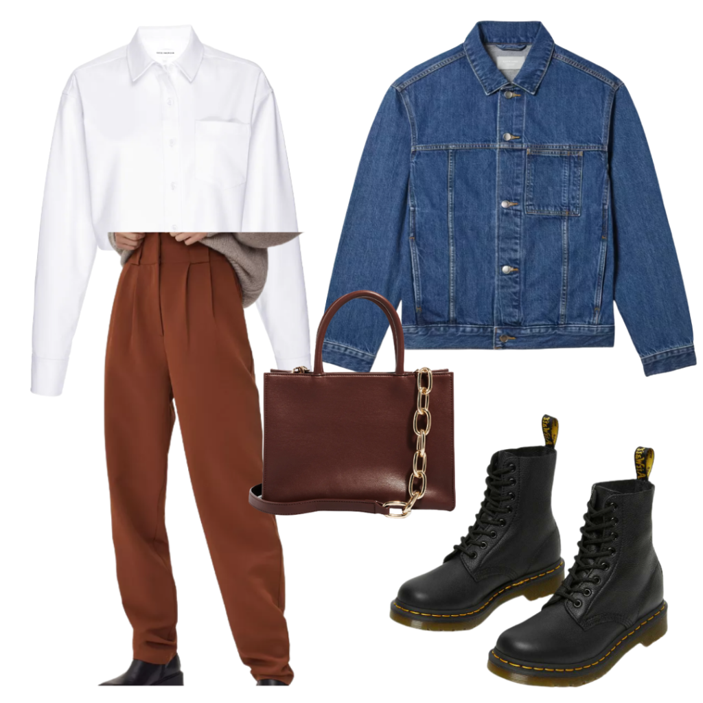 How to style black combat boots with brown trousers, oversized white button-down shirt, oversized denim jacket, brown chain strap handbag