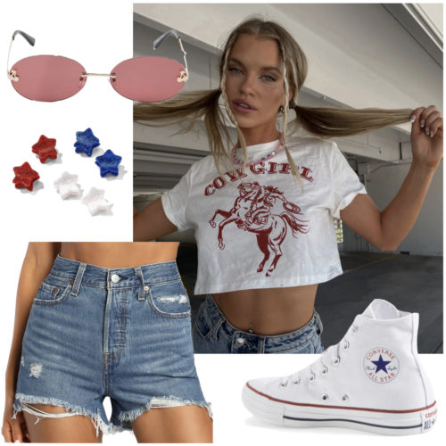 Trendy 4th of July Outfit: cowgirl graphic print crop t-shirt, denim shorts, rimless sunglasses, glitter star hair clips, and white Converse high top sneakers