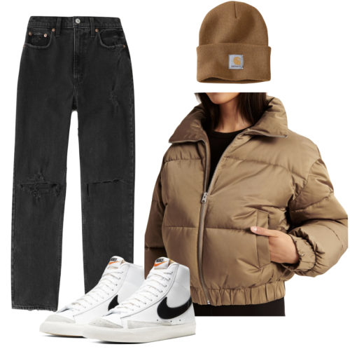 White Sneakers Winter Outfit: black straight leg jeans, beige puffer jacket, beige beanie hat and white Nike Blazer high top sneakers