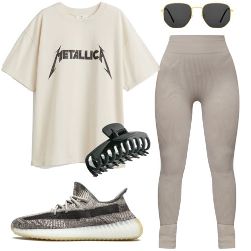 Yeezy 350 Outfit: oversized band tee, ribbed leggings, metal sunglasses, hair claw clip and Yeezy 350 Zyon sneakers