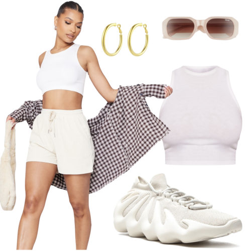 Yeezy 450 Outfit: cream drawstring shorts, cream cropped tank top, gold hoop earrings, sunglasses and Yeezy 450 sneakers