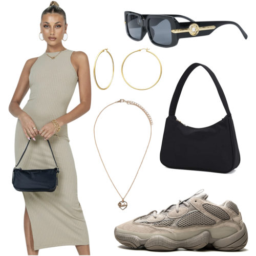 Yeezy 500 Outfit: beige ribbed midi dress, gold hoop earrings, black handbag, black and gold rectangle sunglasses, gold pendant necklace and Yeezy 500 sneakers