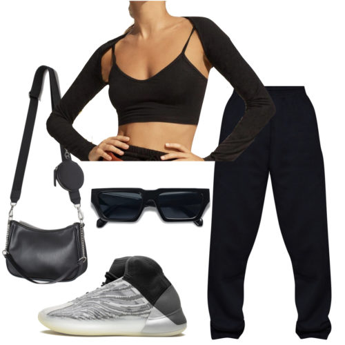 Yeezy QNTM Outfit: black cropped tank top and bolero shrug, black joggers sweatpants, crossbody bag, black sunglasses and Yeezy QNTM sneakers