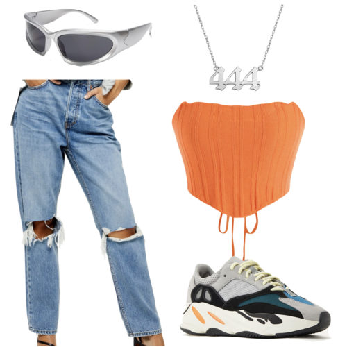 Yeezy Boost 700 Outfit: ripped dad jeans, orange knit crop top, angel numbers necklace, silver wraparound sunglasses and Yeezy 700 Boost Wave Runner sneakers