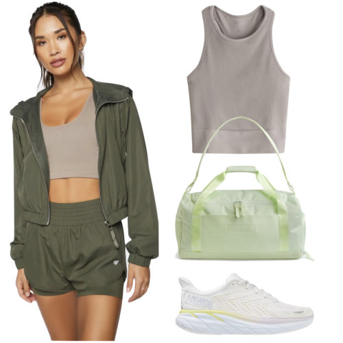 Gym Outfit with double layered shorts, tank top, windbreaker jacket, sneakers and green gym bag