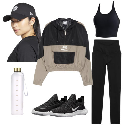 Gym Outfit with black high rise leggings, bra tank top, lightweight Nike jacket, hat, water bottle and black running sneakers