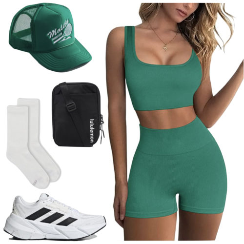 Gym Outfit matching sports bra and bike shorts set, trucker hat, crossbody bag, crew socks and sneakers