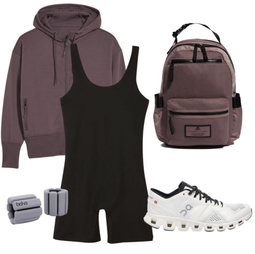 Gym Outfit with a bike unitard, hoodie, backpack, sneakers and weighted bangles