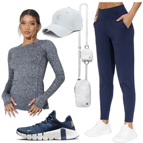 Gym Outfit with navy joggers, long sleeve active top, baseball hat, crossbody phone bag, and navy Nike sneakers