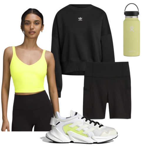Neon Gym Outfit: black bike shorts, neon sports bra, black Adidas Sweatshirt, black and yellow sneakers and a yellow hydroflask