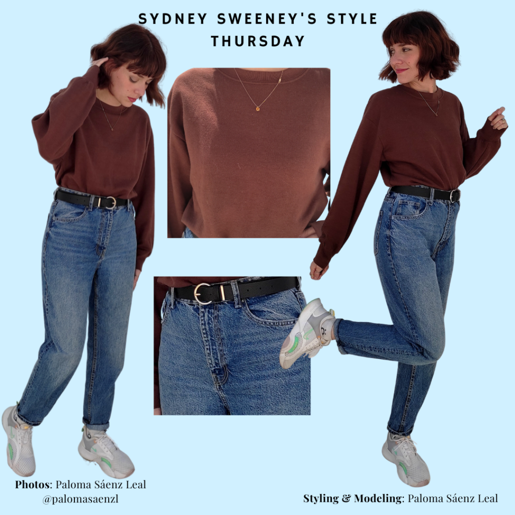 Sydney Sweeney Outfit Recreation, brown sweatshirt, blue denim mom jeans, black belt, white sneakers