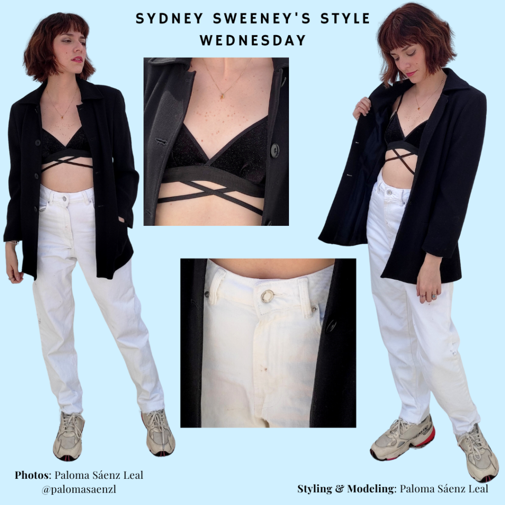 Sydney Sweeney Outfit Recreation, black velvet bralette, white jeans, black blazer, white chunky sneakers