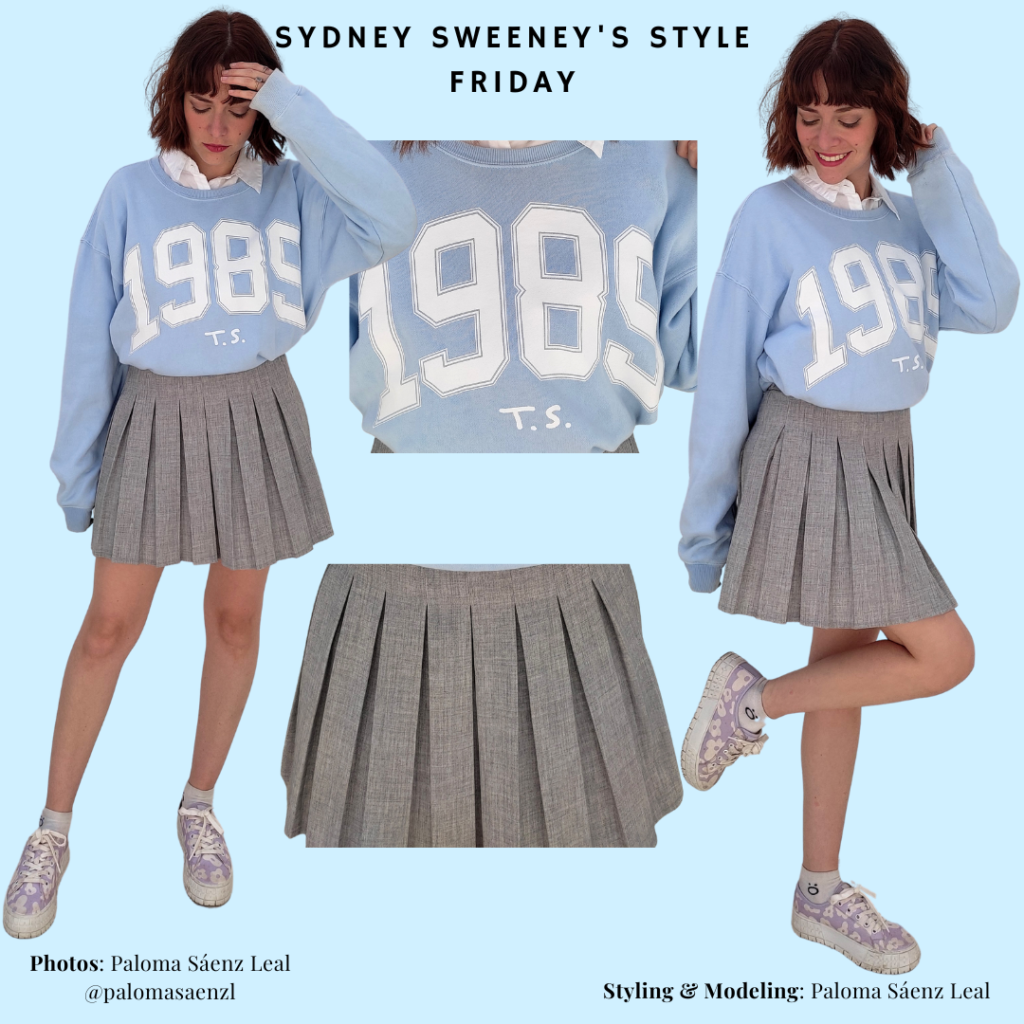 Sydney Sweeney Outfit Recreation, white oxford shirt, blue sweatshirt, grey tenis skirt, lilac platfrom sneakers.