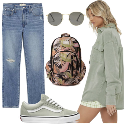 Vans with Jeans Outfit: olive green shacket, round sunglasses, 