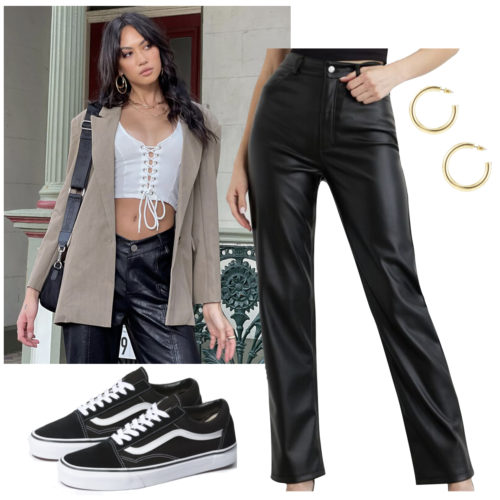 Vans Going Out Outfit: black faux leather pants, oversized blazer, gold hoop earrings, and Vans Old Skool