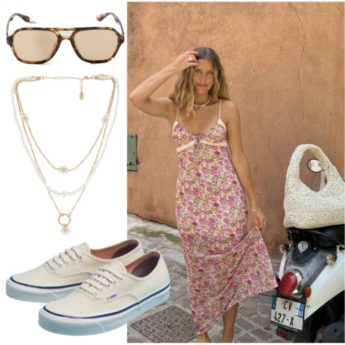 Vans with a long dress outfit: floral maxi dress, retro aviator sunglasses, layered necklace, Vans sneakers