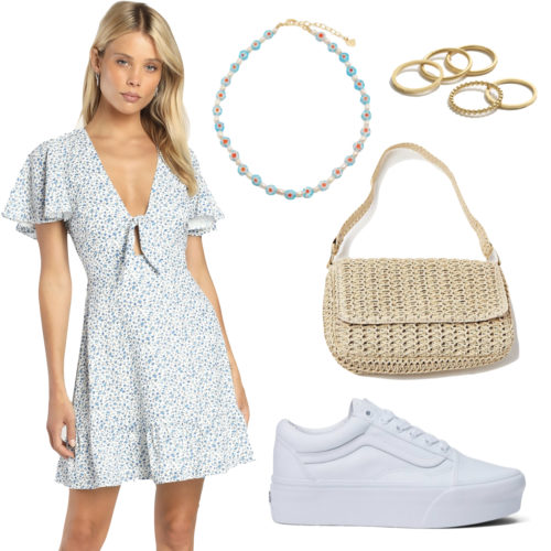 Mini Dress Vans Outfit: white platform stackform Old Skool Vans sneakers, floral print mini dress, beaded pearl necklace, gold rings, straw shoulder bag