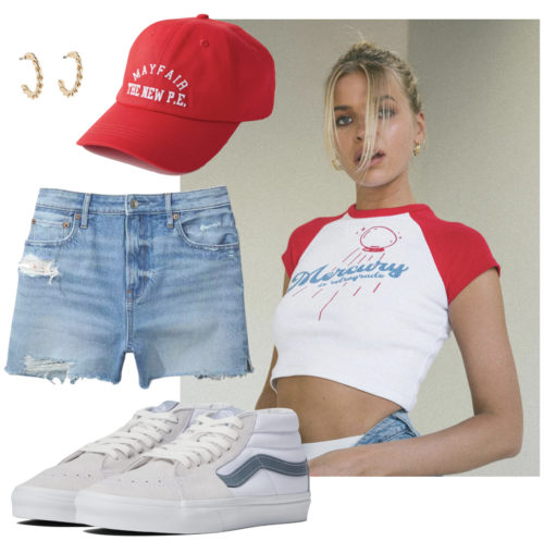Vans Shorts Outfit: graphic print t-shirt, baseball hat, gold earrings, jean shorts, and Vans sk8-mid sneakers 