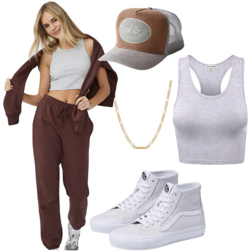Vans high top sneakers outfit with brown sweatpants, gray tank top, brown crew sweatshirt, Boys Lie trucker hat, gold chain necklace