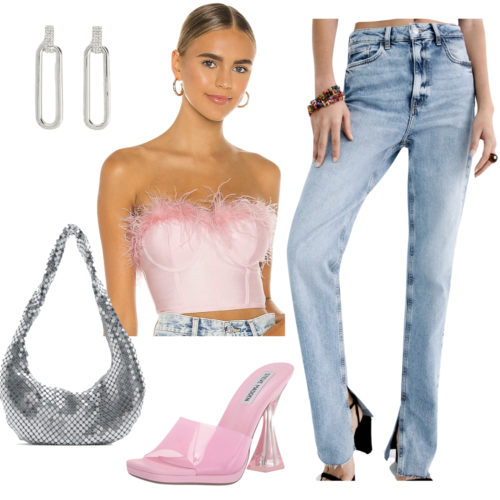 Las Vegas Casino Bar Outfit: jeans, feather trim crop top, silver handbag, earrings and pink heels