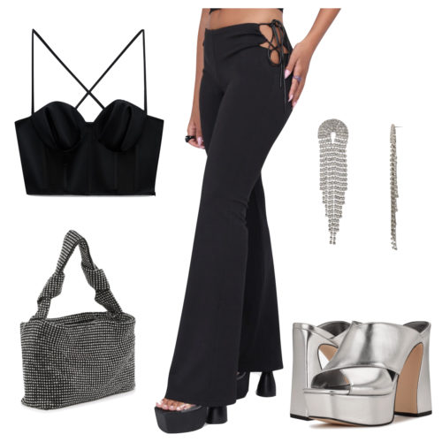 Las Vegas Concert Outfit: black corset crop top, lace-up flared pants, rhinestone earrings and bag, and silver platform sandals