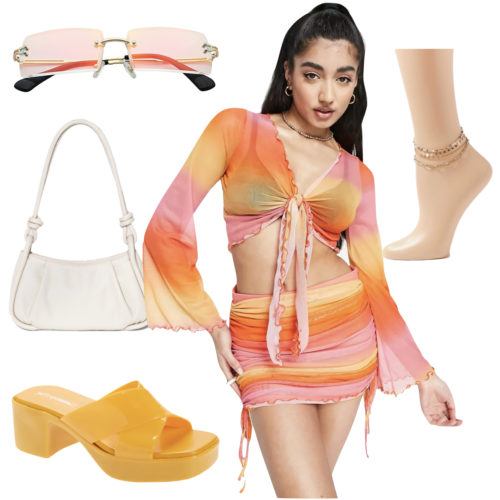 Las Vegas Day Party Outfit: colorful mesh skirt and crop top set, anklet, rimless sunglasses, white handbag and jelly sandals