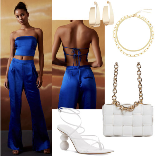Vegas Dinner Outfit: blue strapless top and wide leg pants set, gold jewelry, white shoulder bag and white strappy heels