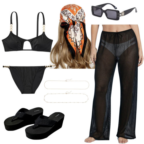 Vegas Pool Outfit: black cut-out bikini, crochet cover up pants, printed hair scarf, sunglasses, belly chain and platform thong sandals