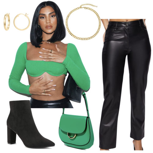 Winter Las Vegas Outfit: green crop top, faux leather pants, gold hoop earrings, chain necklace, black ankle booties and green shoulder bag