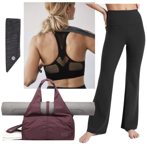 Gym Outfit for Yoga: flared leggings, black sports bra, headband, and yoga carryall bag
