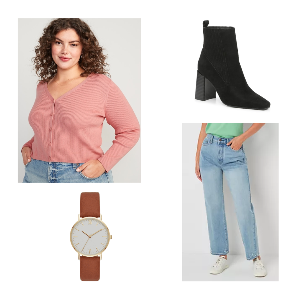 A pink cardigan sweater, black ankle boots, brown strap watch and light wash straight leg jeans.