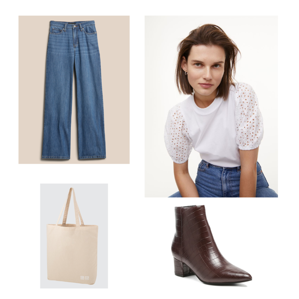 A white eyelet sleeve top, denim wide leg jeans, cream tote bag and dark brown ankle boots.