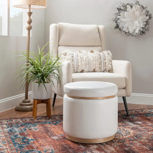 Example of a white storage ottoman in a dorm room