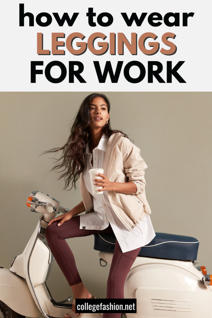 Header graphic for leggings outfits for work with a photo of a woman wearing burgundy leggings with a white button-down shirt, sandals, and a cropped beige jacket
