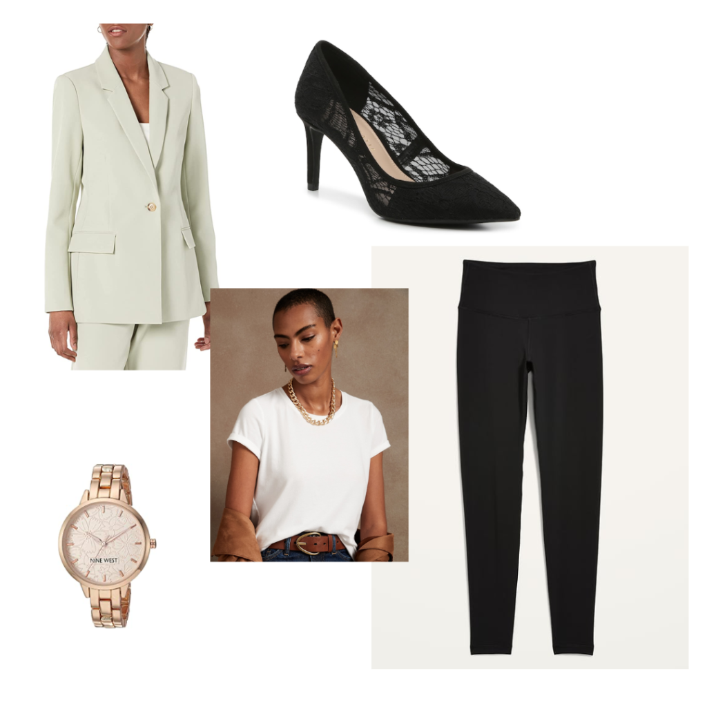 A light green blazer, black lace heels, rose gold watch, white top and black leggings.