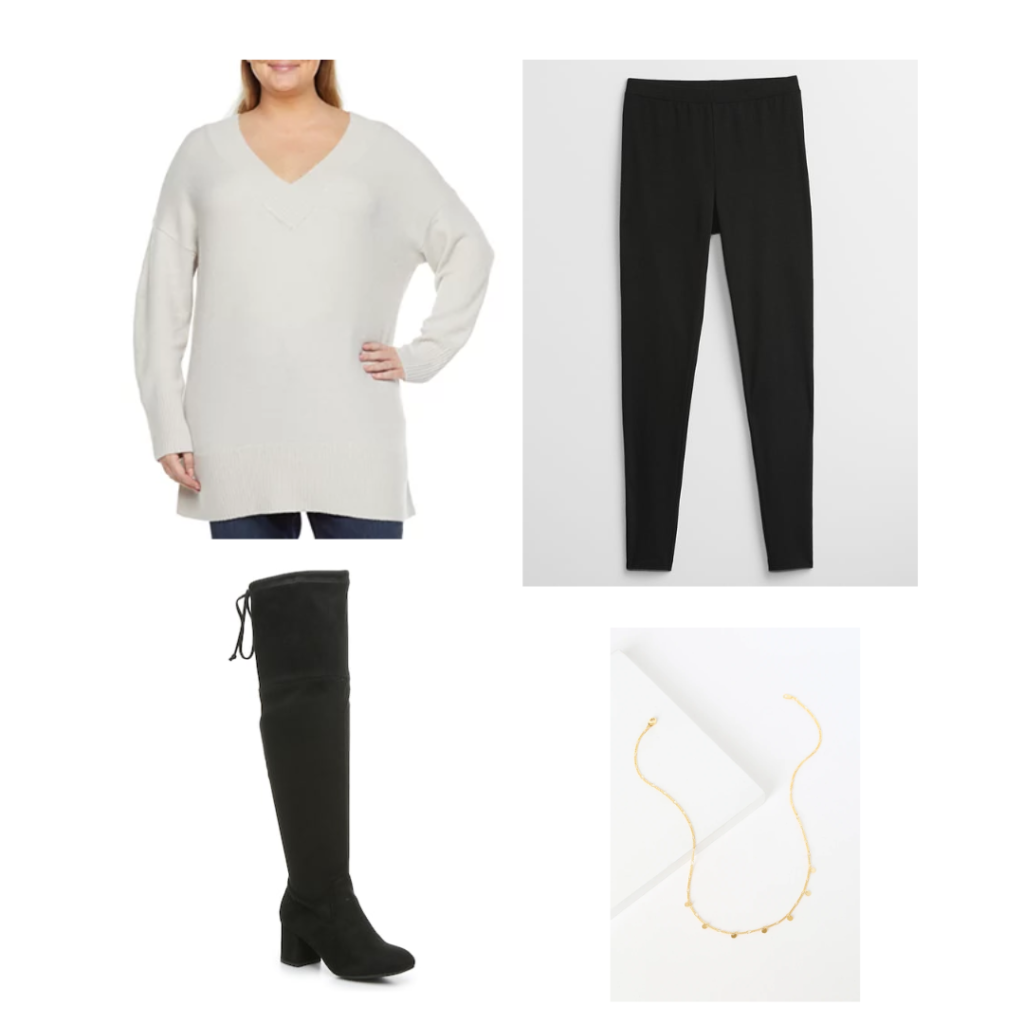 A long light grey sweater, black leggings, black over the knee boots and a gold necklace.