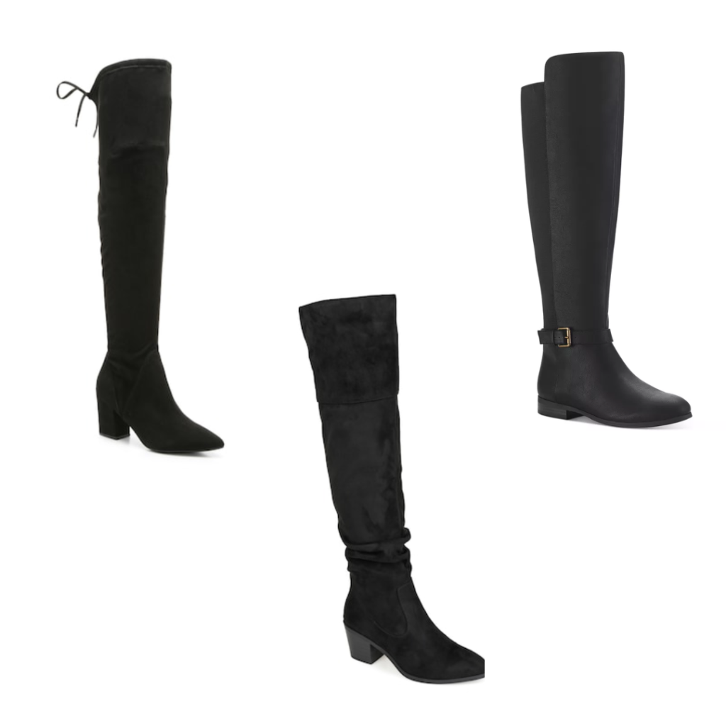 Three pairs of black over the knee boots.
