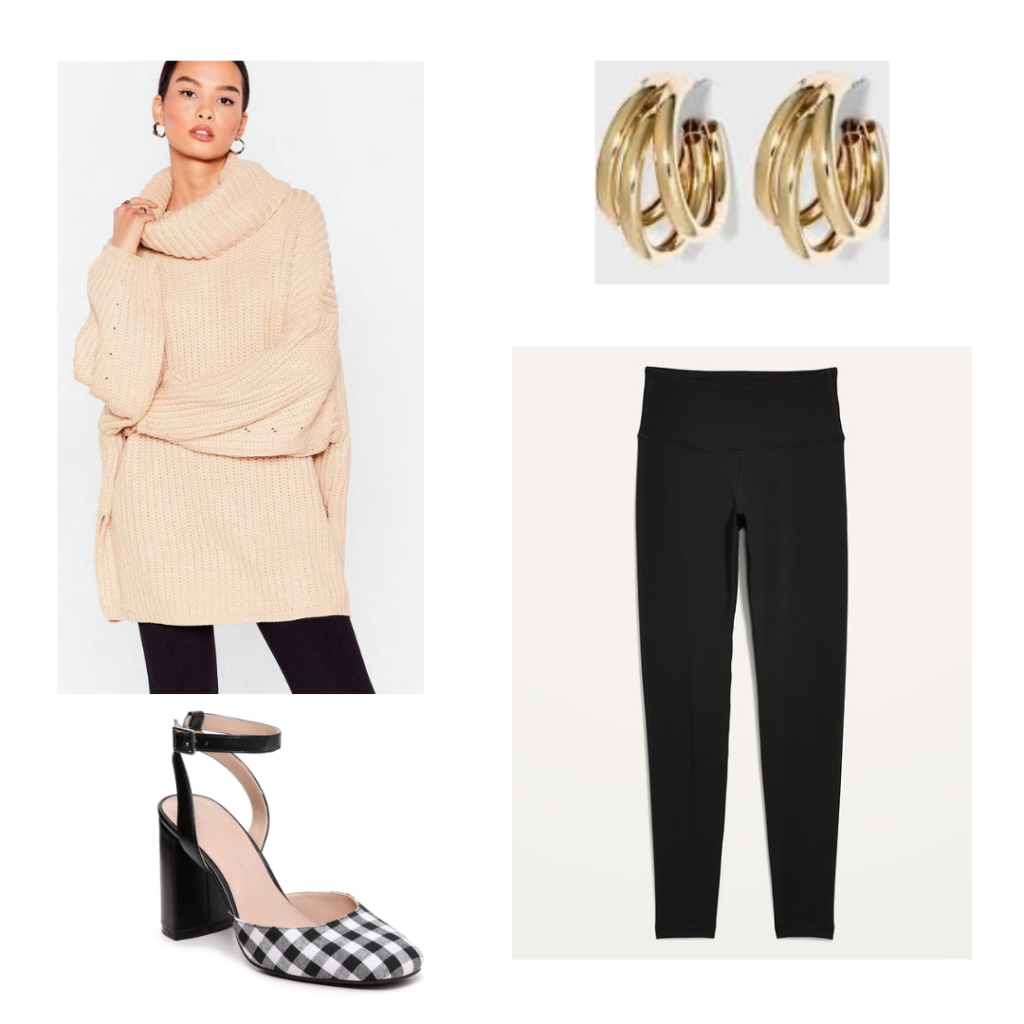 A cream oversized turtleneck sweater, gold hoop earrings, black and white gingham heels and black leggings.