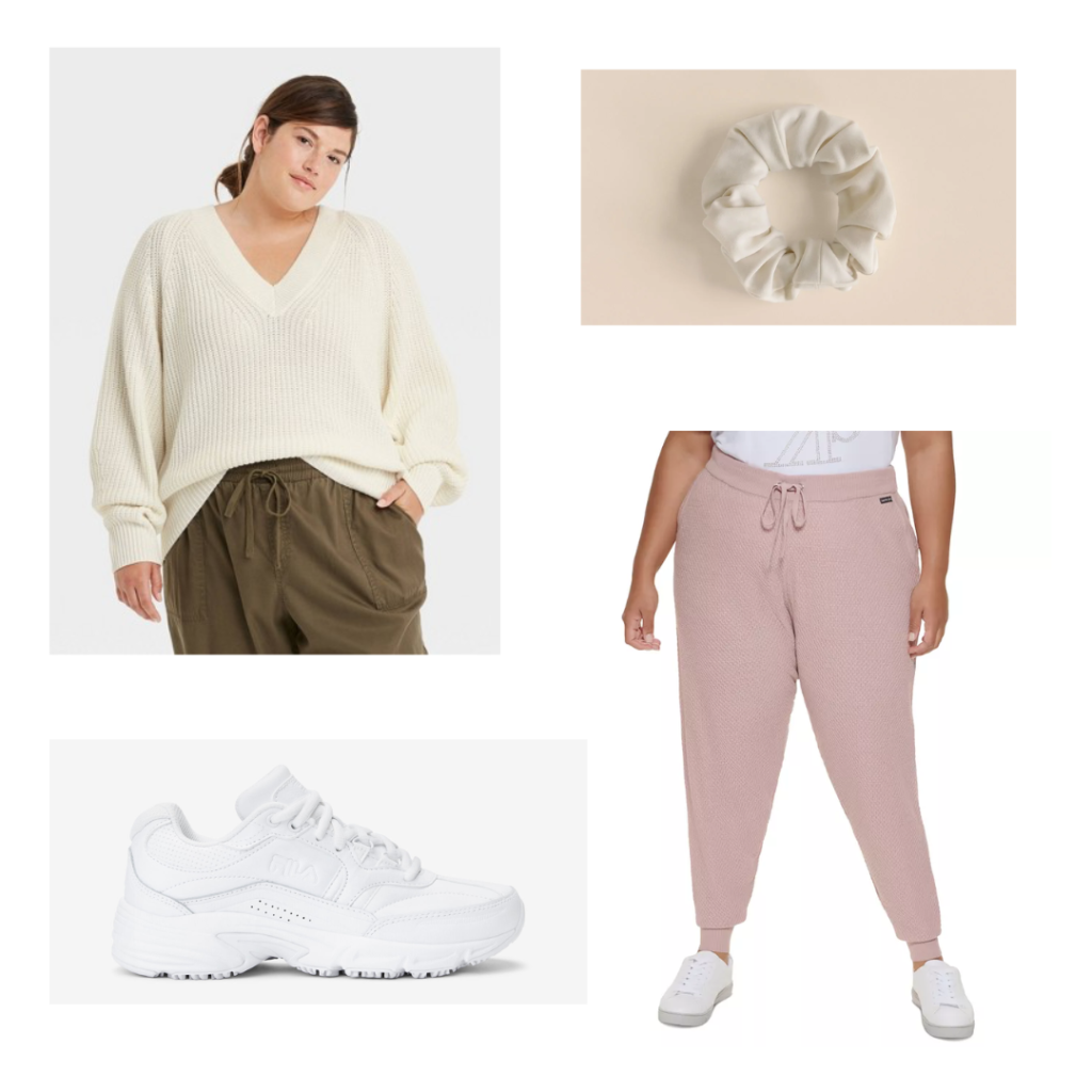 A ivory knit sweater, ivory scrunchie, pink joggers and white fila sneakers.