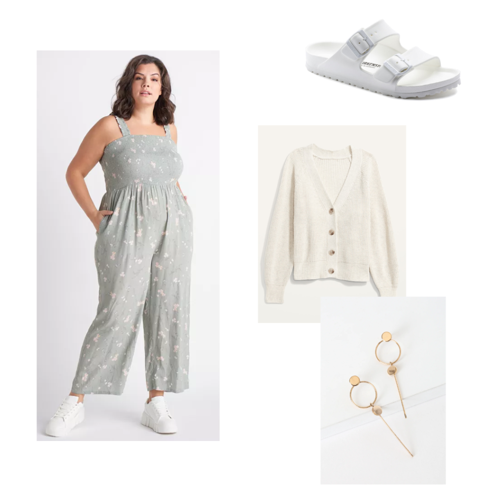 A green floral jumpsuit, cream cropped cardgian, gold dangle earrings and white birkenstocks sandals.