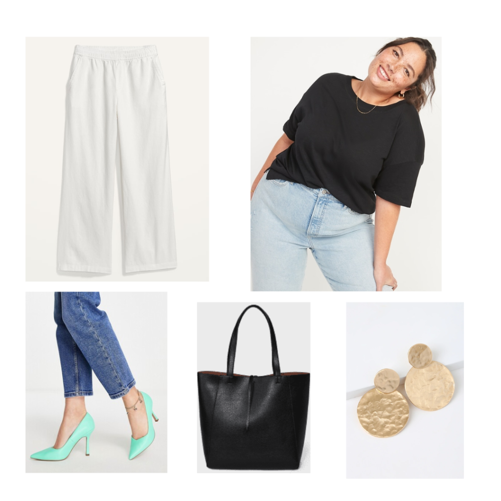 A black top, white wide leg pants, turquoise heels, black and brown reversible tote bag and gold dangle statement earrings.