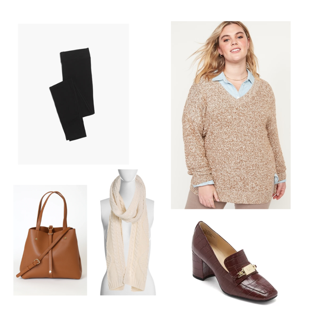 A tan knit marble sweater with a button down, black leggings, cream scarf, brown tote bag and heeled cognac loafers.