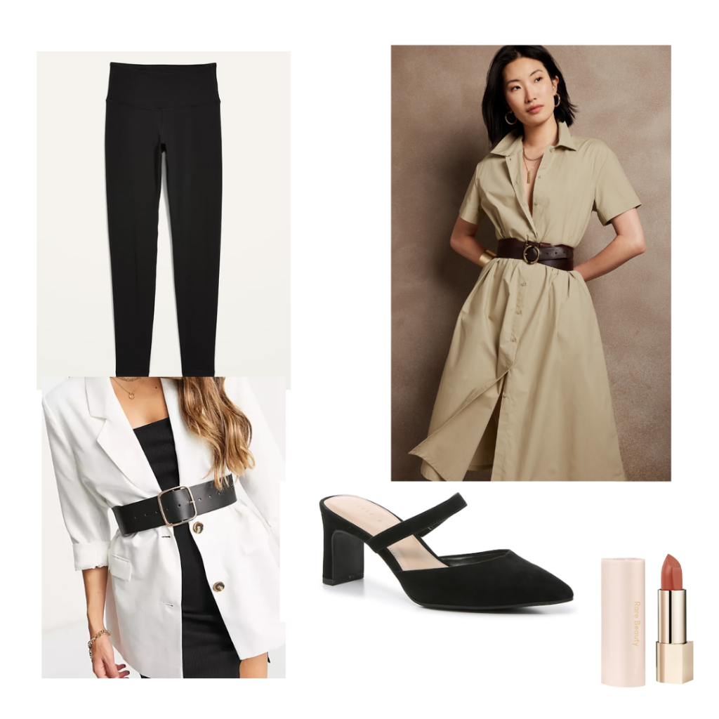 A light khaki shirt dress, black leggings, black wide belt, black strap mule heels and a lipstick.