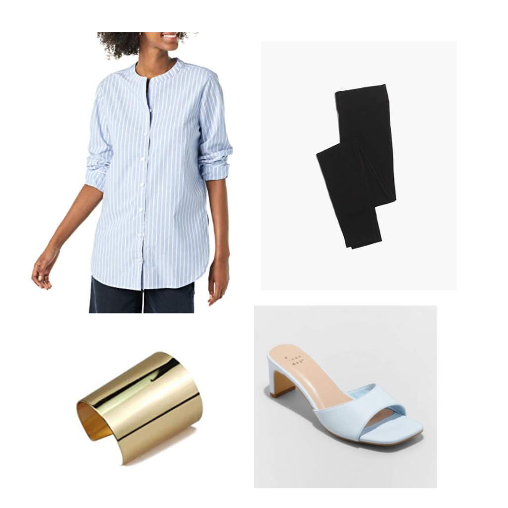 A light blue striped poplin tunic top, black leggings, light blue heel mules and a gold cuff bracelet.