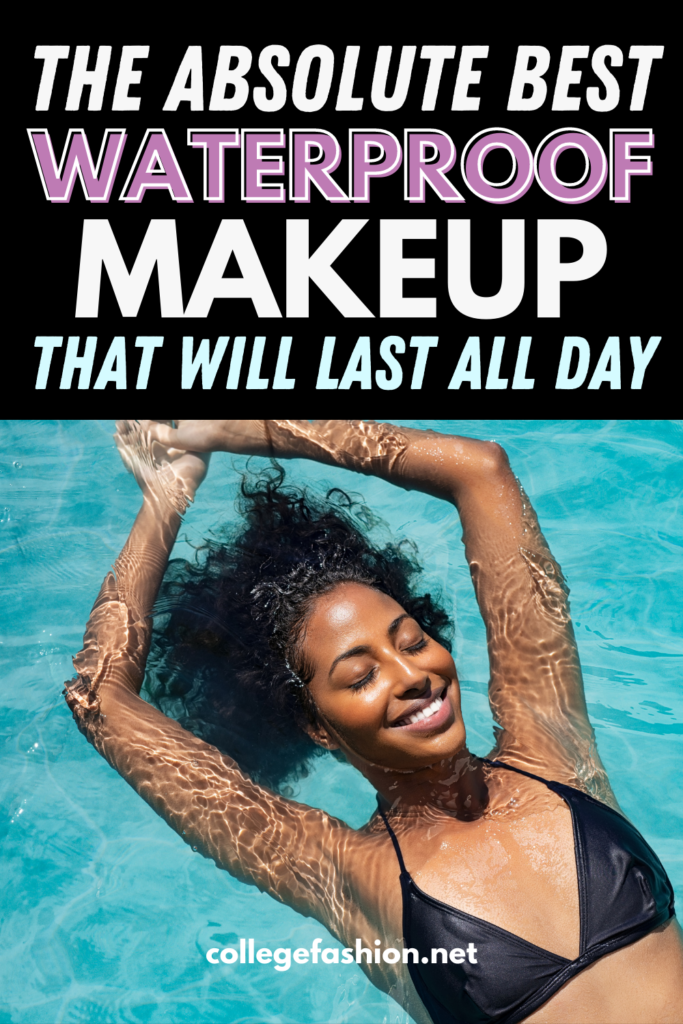 Waterproof makeup header with photo of a woman swimming with perfect makeup