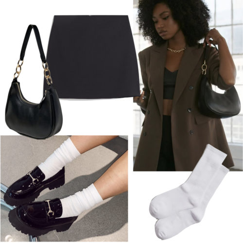 Loafers with an oversized blazer, mini skirt, socks, and handbag outfit