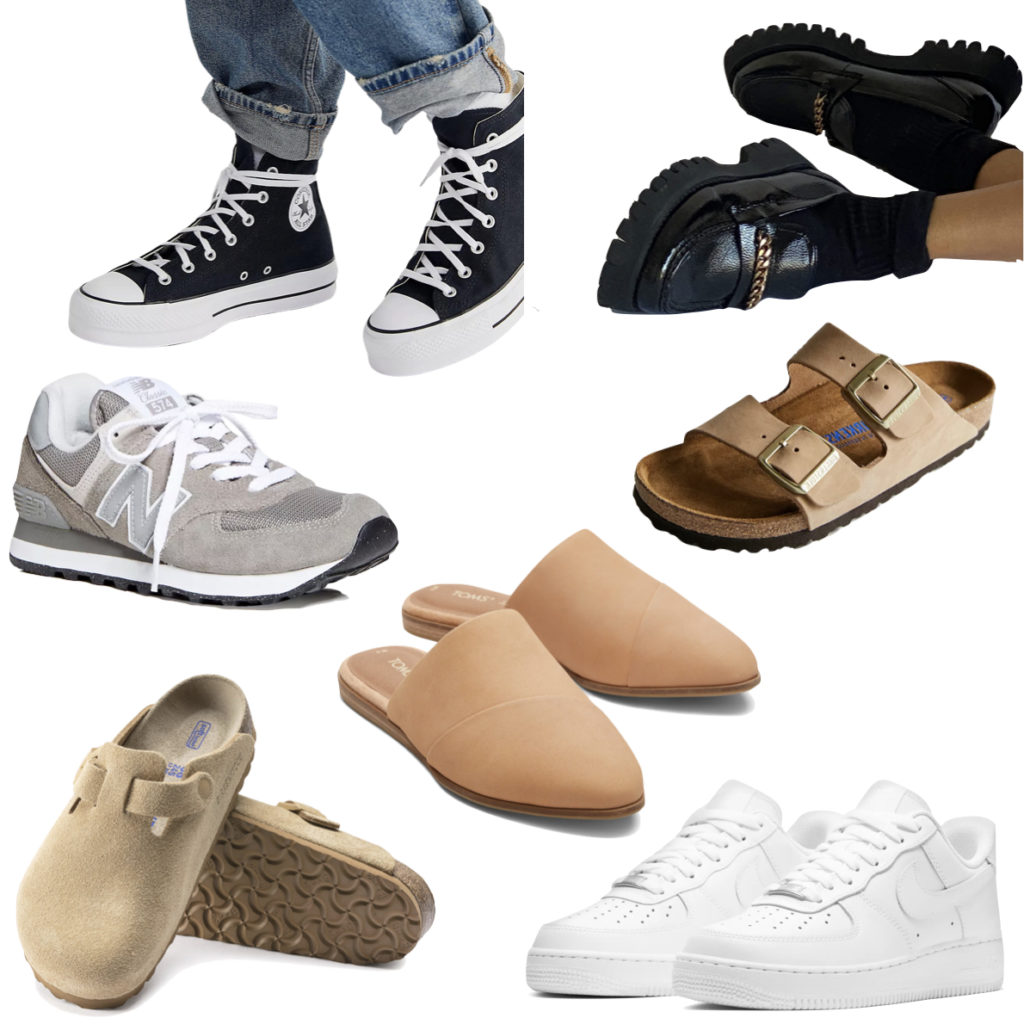 College Everyday Class Shoes - loafers, Converse Chuck Taylor All Star High Top sneakers, Birkenstock sandals, Boston clogs, Nike Air Force 1, New Balance Sneakers